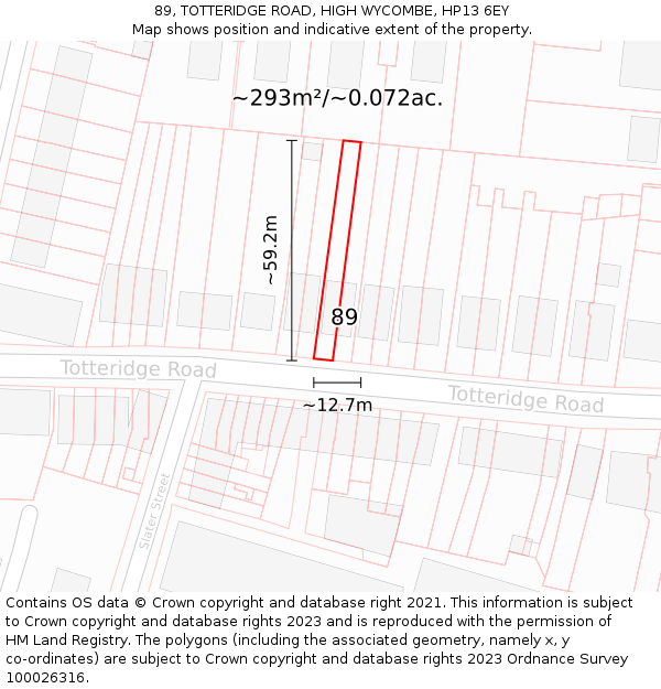 89, TOTTERIDGE ROAD, HIGH WYCOMBE, HP13 6EY: Plot and title map