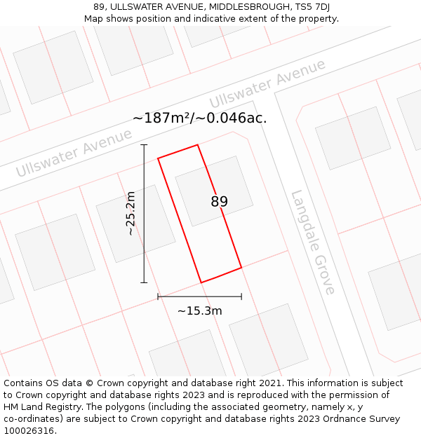 89, ULLSWATER AVENUE, MIDDLESBROUGH, TS5 7DJ: Plot and title map