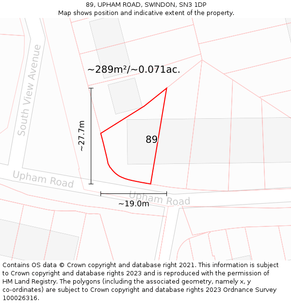 89, UPHAM ROAD, SWINDON, SN3 1DP: Plot and title map