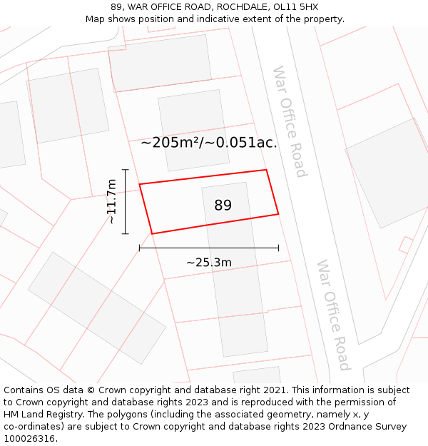 89, WAR OFFICE ROAD, ROCHDALE, OL11 5HX: Plot and title map