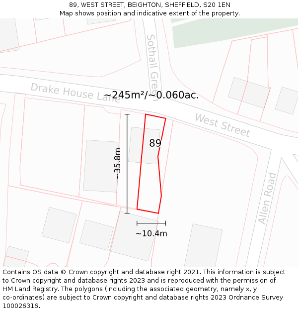 89, WEST STREET, BEIGHTON, SHEFFIELD, S20 1EN: Plot and title map