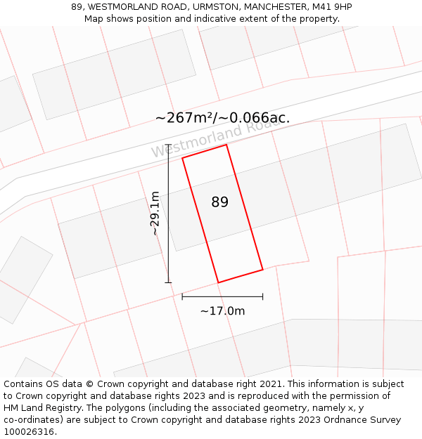 89, WESTMORLAND ROAD, URMSTON, MANCHESTER, M41 9HP: Plot and title map