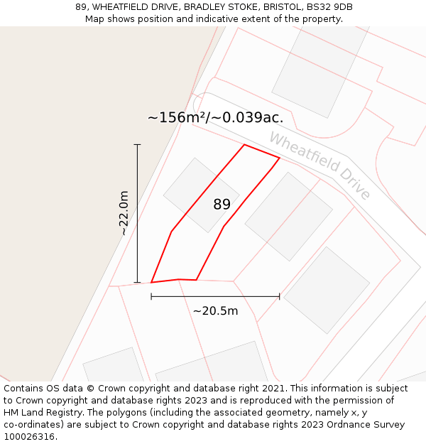 89, WHEATFIELD DRIVE, BRADLEY STOKE, BRISTOL, BS32 9DB: Plot and title map