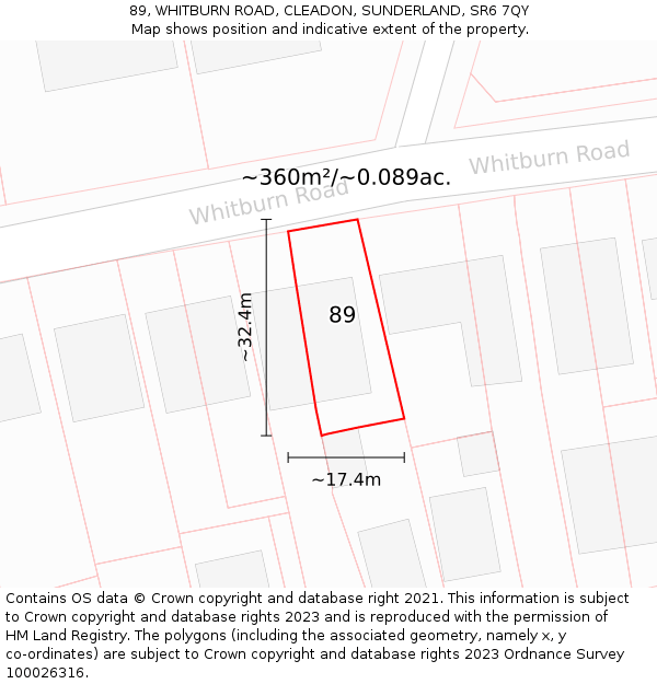 89, WHITBURN ROAD, CLEADON, SUNDERLAND, SR6 7QY: Plot and title map