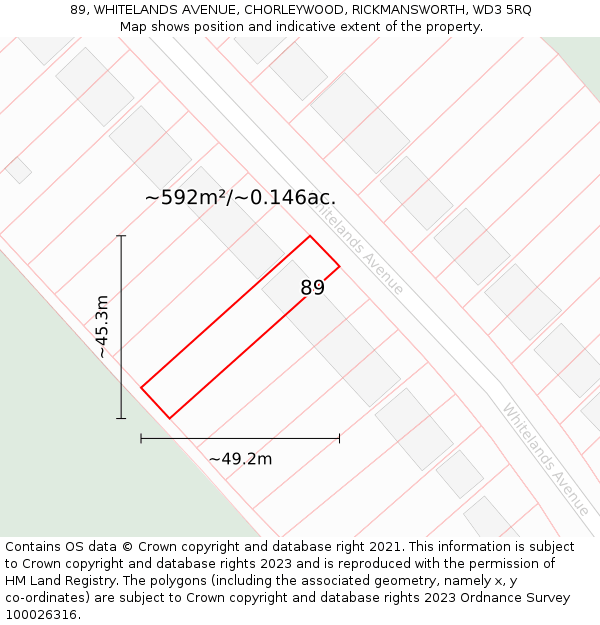 89, WHITELANDS AVENUE, CHORLEYWOOD, RICKMANSWORTH, WD3 5RQ: Plot and title map