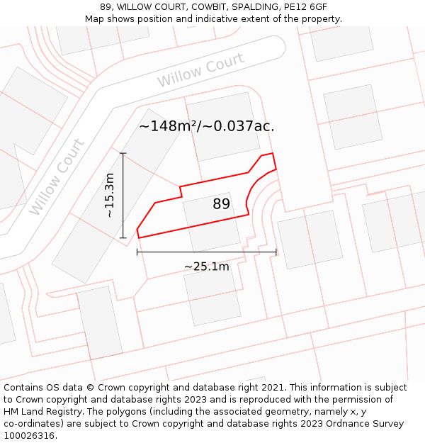 89, WILLOW COURT, COWBIT, SPALDING, PE12 6GF: Plot and title map