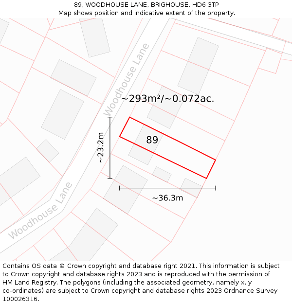 89, WOODHOUSE LANE, BRIGHOUSE, HD6 3TP: Plot and title map