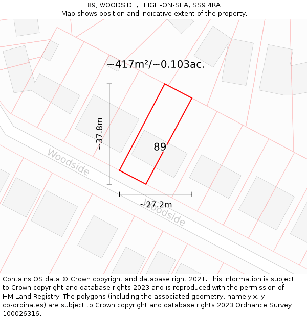 89, WOODSIDE, LEIGH-ON-SEA, SS9 4RA: Plot and title map