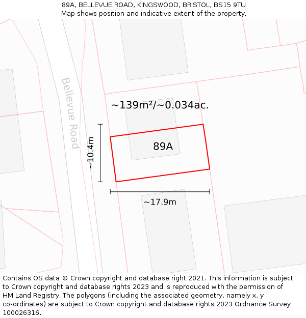 89A, BELLEVUE ROAD, KINGSWOOD, BRISTOL, BS15 9TU: Plot and title map