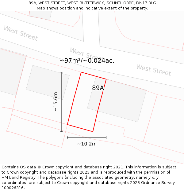 89A, WEST STREET, WEST BUTTERWICK, SCUNTHORPE, DN17 3LG: Plot and title map