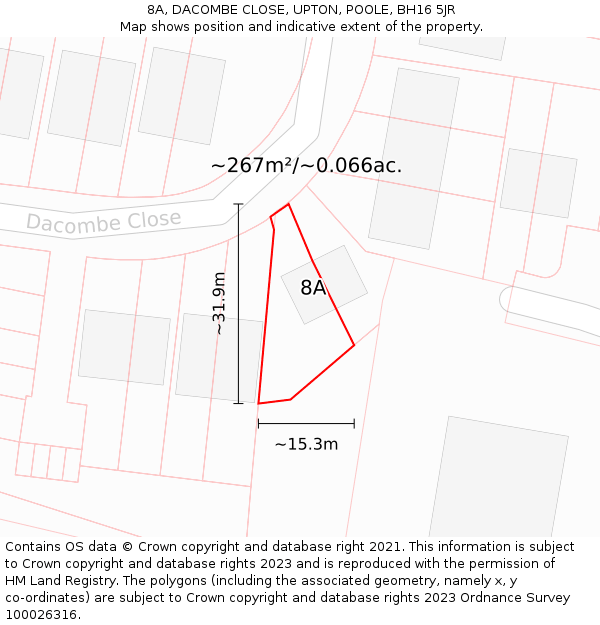 8A, DACOMBE CLOSE, UPTON, POOLE, BH16 5JR: Plot and title map