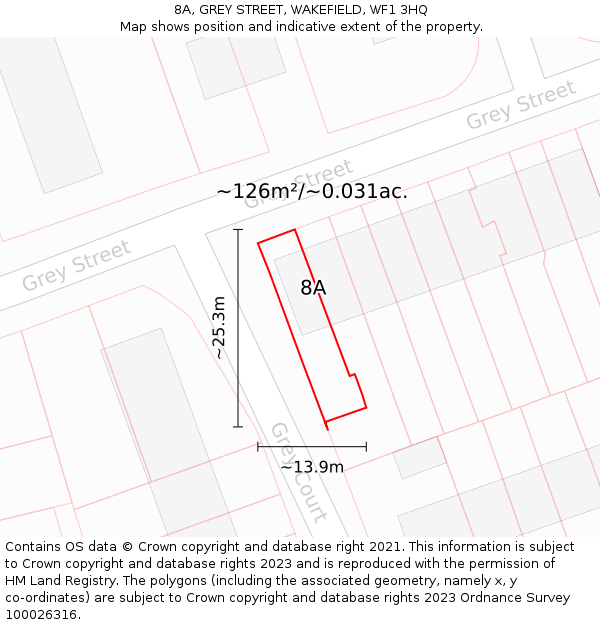 8A, GREY STREET, WAKEFIELD, WF1 3HQ: Plot and title map