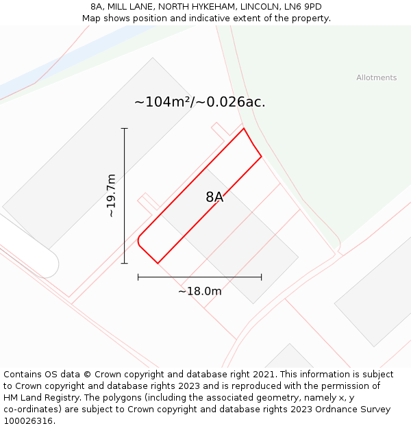 8A, MILL LANE, NORTH HYKEHAM, LINCOLN, LN6 9PD: Plot and title map