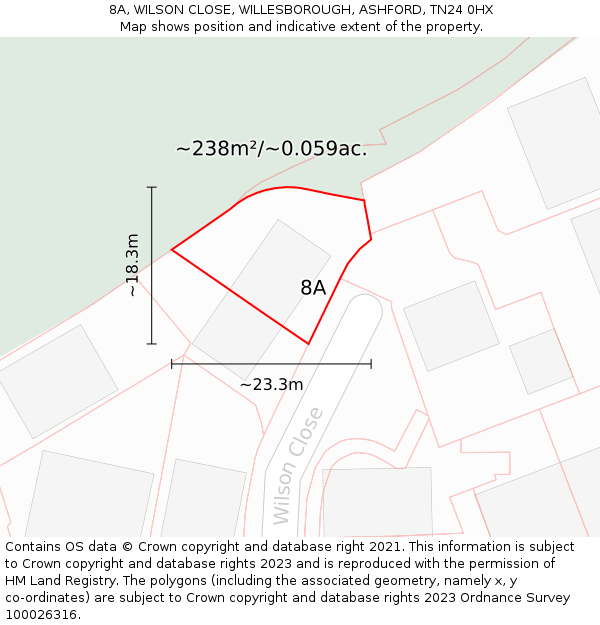 8A, WILSON CLOSE, WILLESBOROUGH, ASHFORD, TN24 0HX: Plot and title map