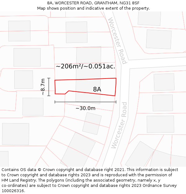 8A, WORCESTER ROAD, GRANTHAM, NG31 8SF: Plot and title map