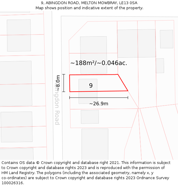 9, ABINGDON ROAD, MELTON MOWBRAY, LE13 0SA: Plot and title map