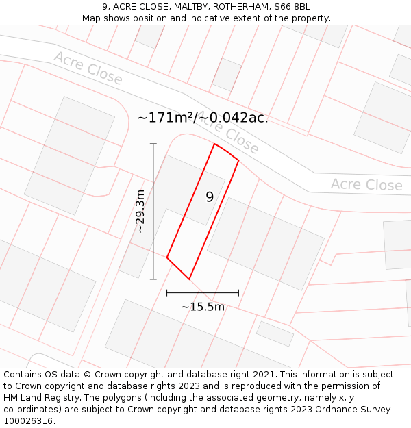 9, ACRE CLOSE, MALTBY, ROTHERHAM, S66 8BL: Plot and title map