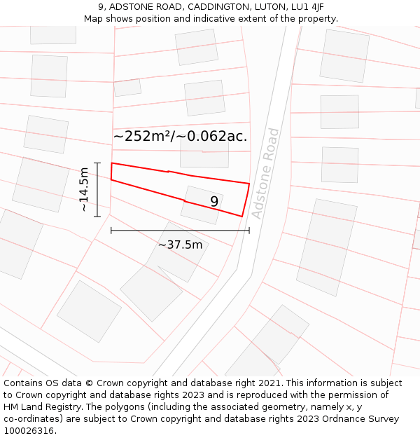 9, ADSTONE ROAD, CADDINGTON, LUTON, LU1 4JF: Plot and title map