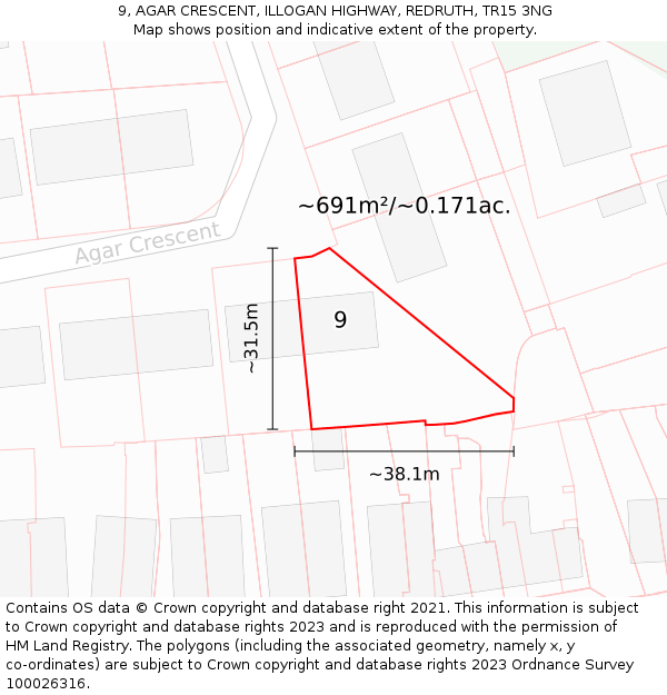 9, AGAR CRESCENT, ILLOGAN HIGHWAY, REDRUTH, TR15 3NG: Plot and title map