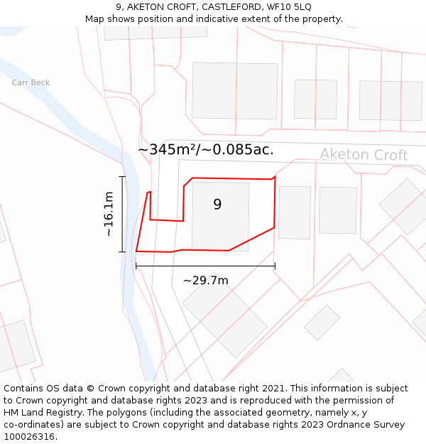 9, AKETON CROFT, CASTLEFORD, WF10 5LQ: Plot and title map