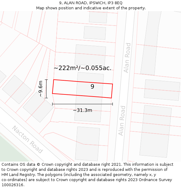 9, ALAN ROAD, IPSWICH, IP3 8EQ: Plot and title map