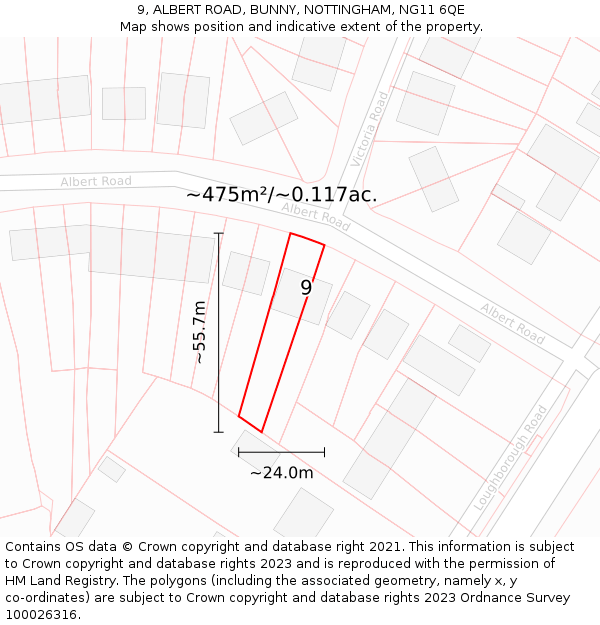 9, ALBERT ROAD, BUNNY, NOTTINGHAM, NG11 6QE: Plot and title map