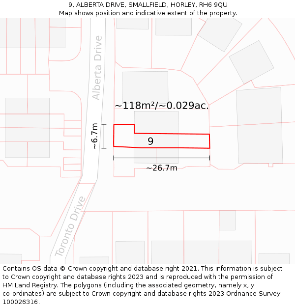 9, ALBERTA DRIVE, SMALLFIELD, HORLEY, RH6 9QU: Plot and title map