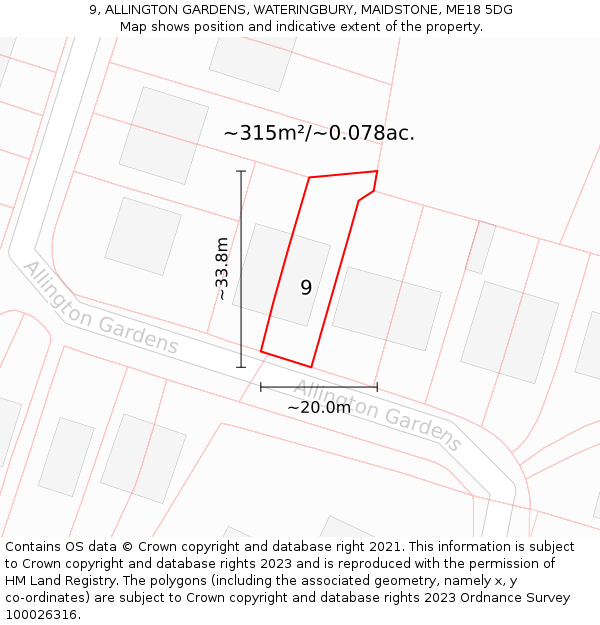 9, ALLINGTON GARDENS, WATERINGBURY, MAIDSTONE, ME18 5DG: Plot and title map