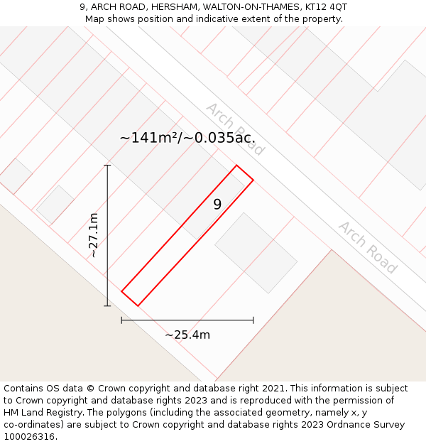 9, ARCH ROAD, HERSHAM, WALTON-ON-THAMES, KT12 4QT: Plot and title map