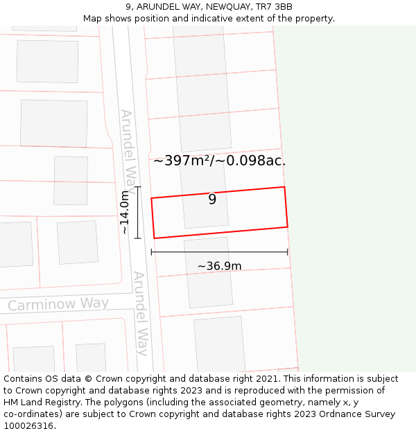 9, ARUNDEL WAY, NEWQUAY, TR7 3BB: Plot and title map