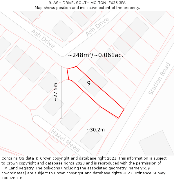 9, ASH DRIVE, SOUTH MOLTON, EX36 3FA: Plot and title map