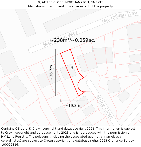 9, ATTLEE CLOSE, NORTHAMPTON, NN3 6FF: Plot and title map