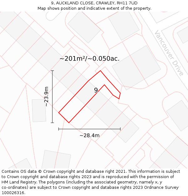 9, AUCKLAND CLOSE, CRAWLEY, RH11 7UD: Plot and title map