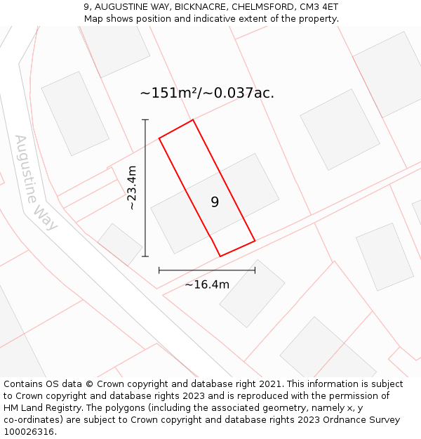 9, AUGUSTINE WAY, BICKNACRE, CHELMSFORD, CM3 4ET: Plot and title map