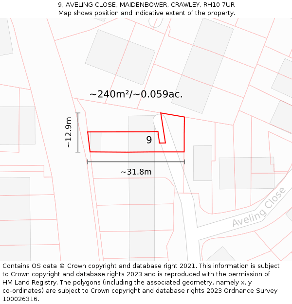 9, AVELING CLOSE, MAIDENBOWER, CRAWLEY, RH10 7UR: Plot and title map