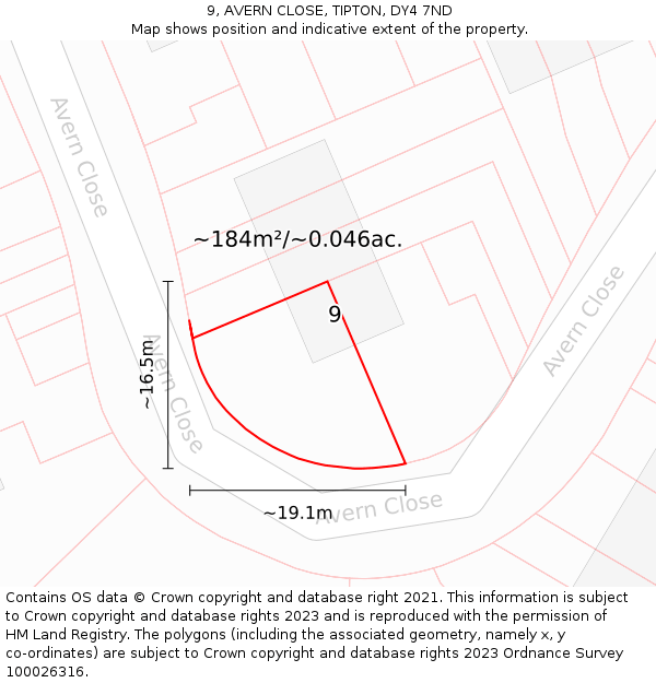 9, AVERN CLOSE, TIPTON, DY4 7ND: Plot and title map