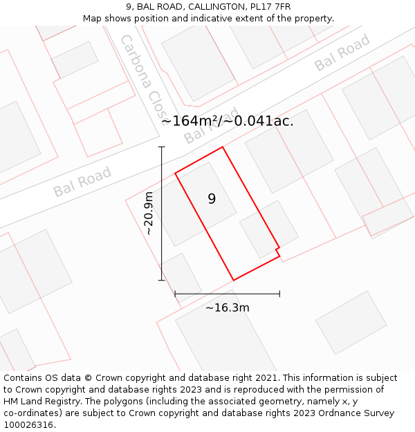 9, BAL ROAD, CALLINGTON, PL17 7FR: Plot and title map