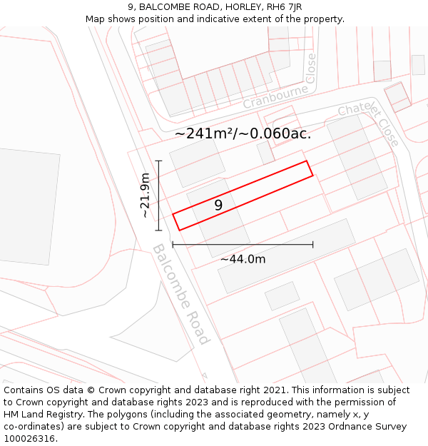 9, BALCOMBE ROAD, HORLEY, RH6 7JR: Plot and title map