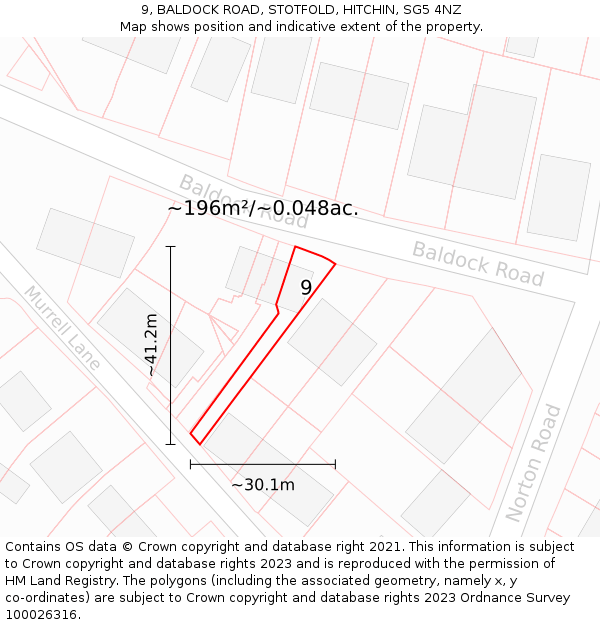 9, BALDOCK ROAD, STOTFOLD, HITCHIN, SG5 4NZ: Plot and title map