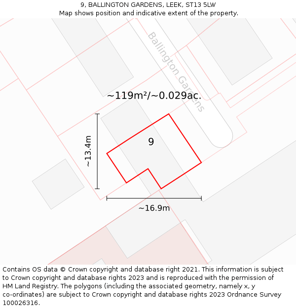 9, BALLINGTON GARDENS, LEEK, ST13 5LW: Plot and title map