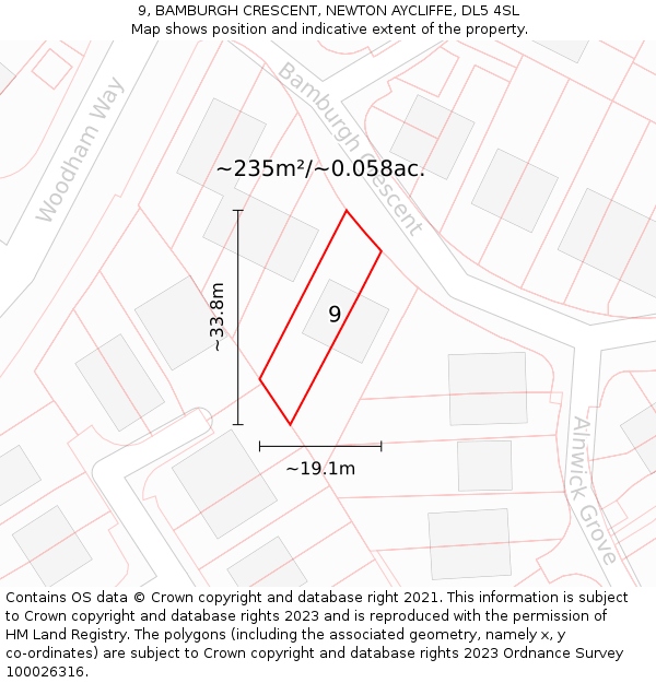 9, BAMBURGH CRESCENT, NEWTON AYCLIFFE, DL5 4SL: Plot and title map