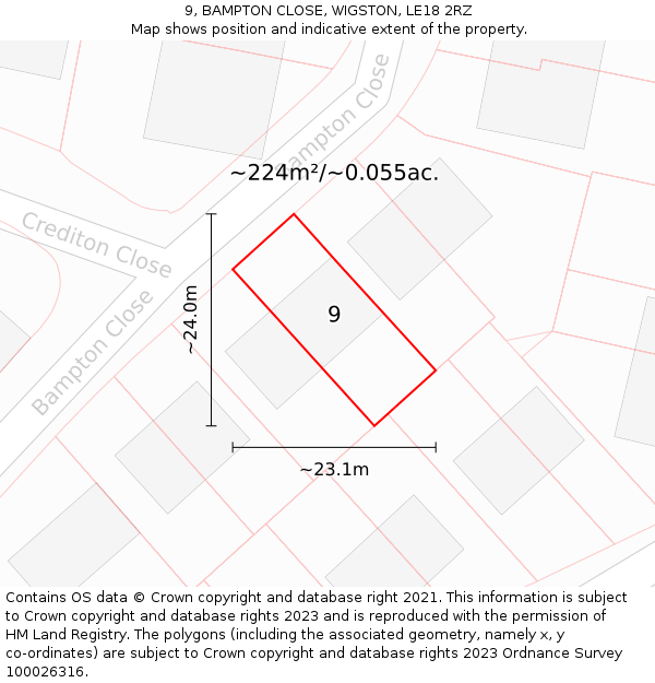 9, BAMPTON CLOSE, WIGSTON, LE18 2RZ: Plot and title map