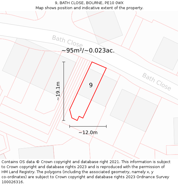 9, BATH CLOSE, BOURNE, PE10 0WX: Plot and title map