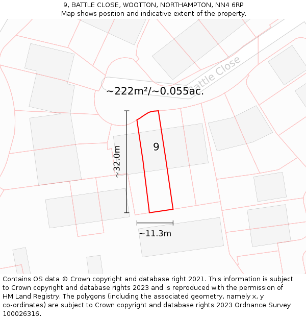 9, BATTLE CLOSE, WOOTTON, NORTHAMPTON, NN4 6RP: Plot and title map