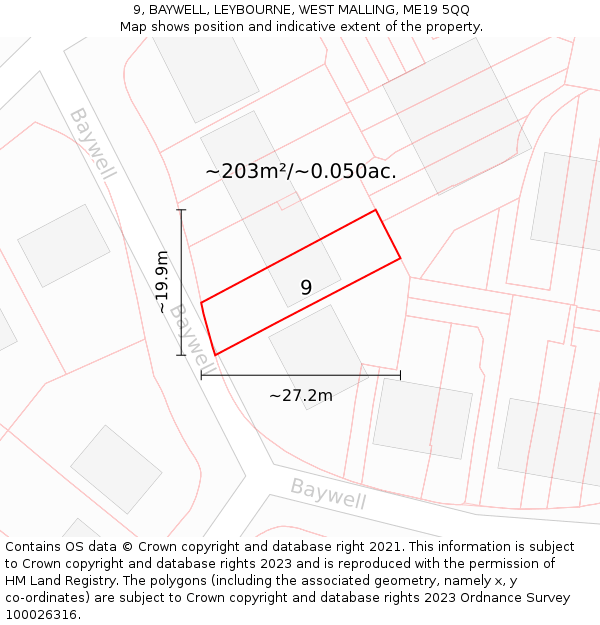 9, BAYWELL, LEYBOURNE, WEST MALLING, ME19 5QQ: Plot and title map