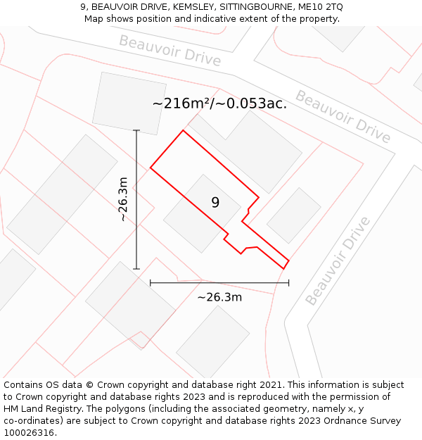 9, BEAUVOIR DRIVE, KEMSLEY, SITTINGBOURNE, ME10 2TQ: Plot and title map