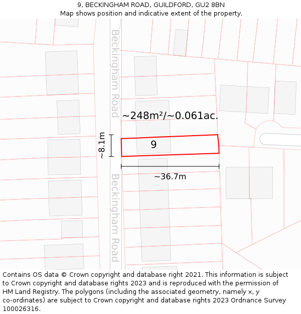 9, BECKINGHAM ROAD, GUILDFORD, GU2 8BN: Plot and title map