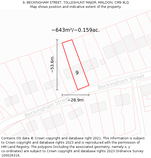 9, BECKINGHAM STREET, TOLLESHUNT MAJOR, MALDON, CM9 8LQ: Plot and title map