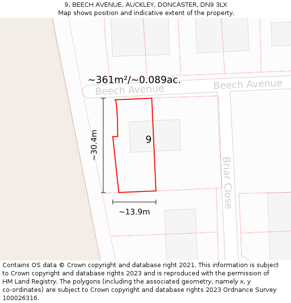 9, BEECH AVENUE, AUCKLEY, DONCASTER, DN9 3LX: Plot and title map