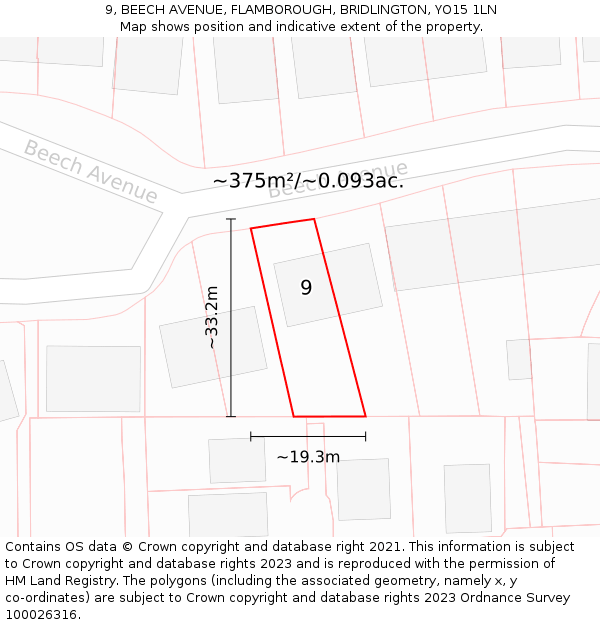 9, BEECH AVENUE, FLAMBOROUGH, BRIDLINGTON, YO15 1LN: Plot and title map